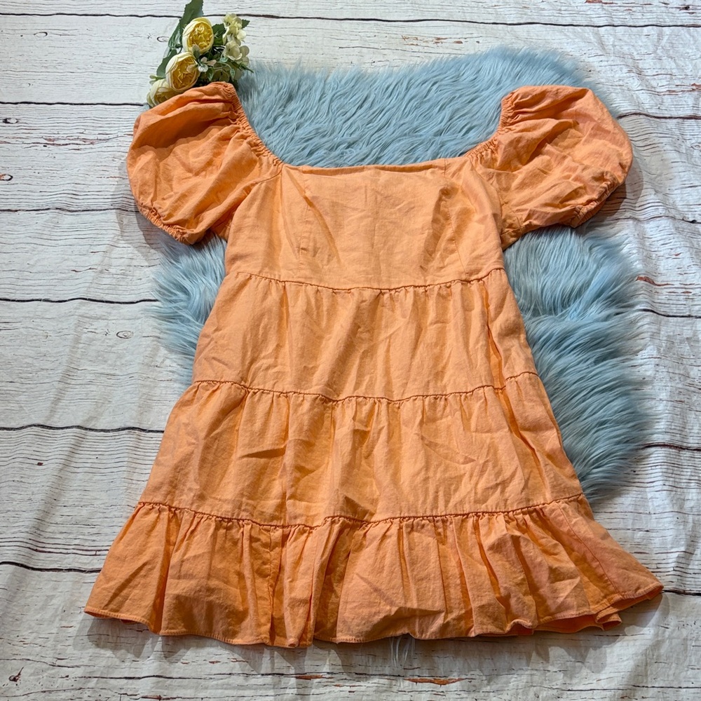 1. STATE Tie Back Puff Sleeve Linen Blend Mini Dress sz L